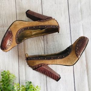 SAM EDELMAN Brown suede snakeskin chunky heel